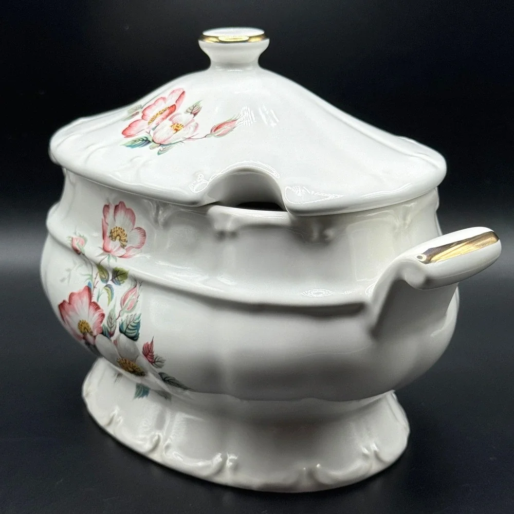 House of Webster Briar Rose Soup Tureen with Lid Cottage Gold Trim White Ceramic